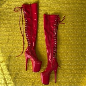 Red Faux Patent Leather Thigh-High Pleaser Boots
